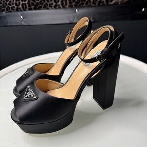 Prada Black Satin Peep-Toe Heels